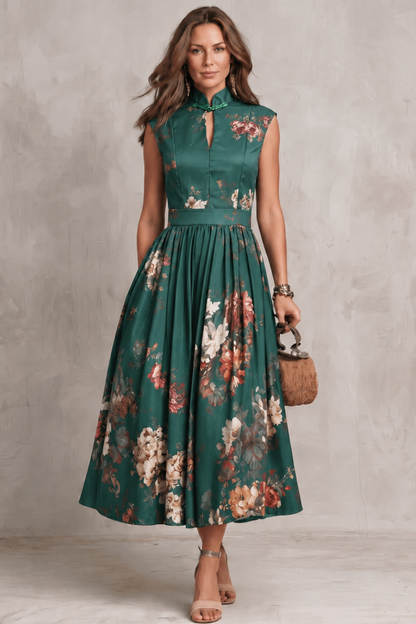 Elegant Floral Cocktail Dress for Women with Keyhole Neck Cap Sleeve Pleated Midi Style
