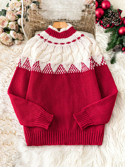 Warm Red Fair Isle Christmas Tacky Sweater for Women with High Neck Long Sleeve Knit Pullover Festive Style