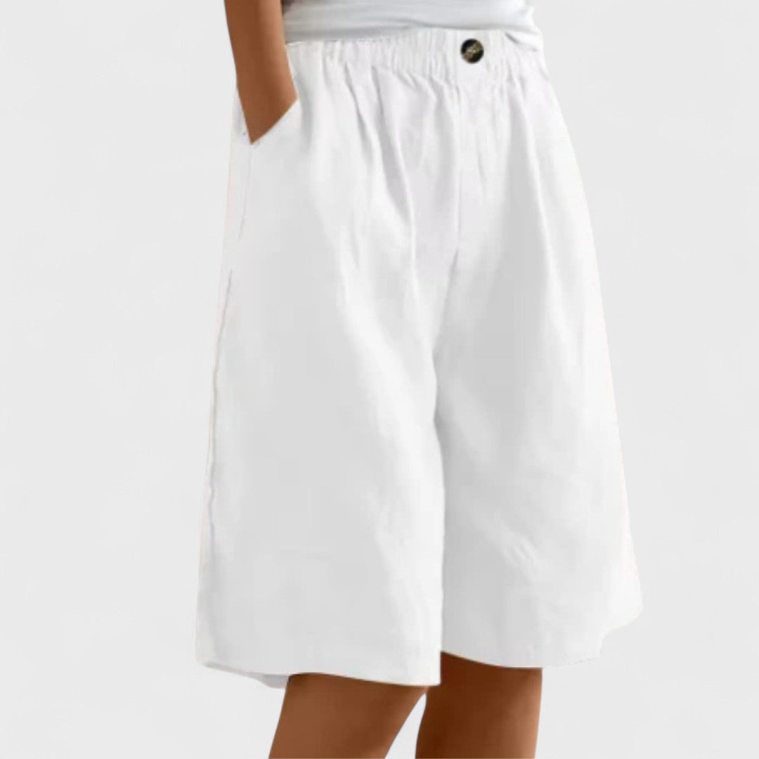 Effortless Linen Bermuda Shorts for Women with High Waist Elastic Button Wide Leg Casual Style