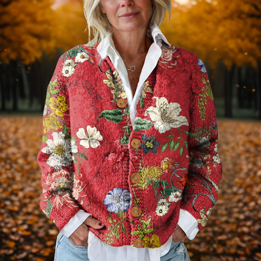Warm Floral Print Cardigan for Women with Button Front Collared Neck Long Sleeve Knit Vintage Style