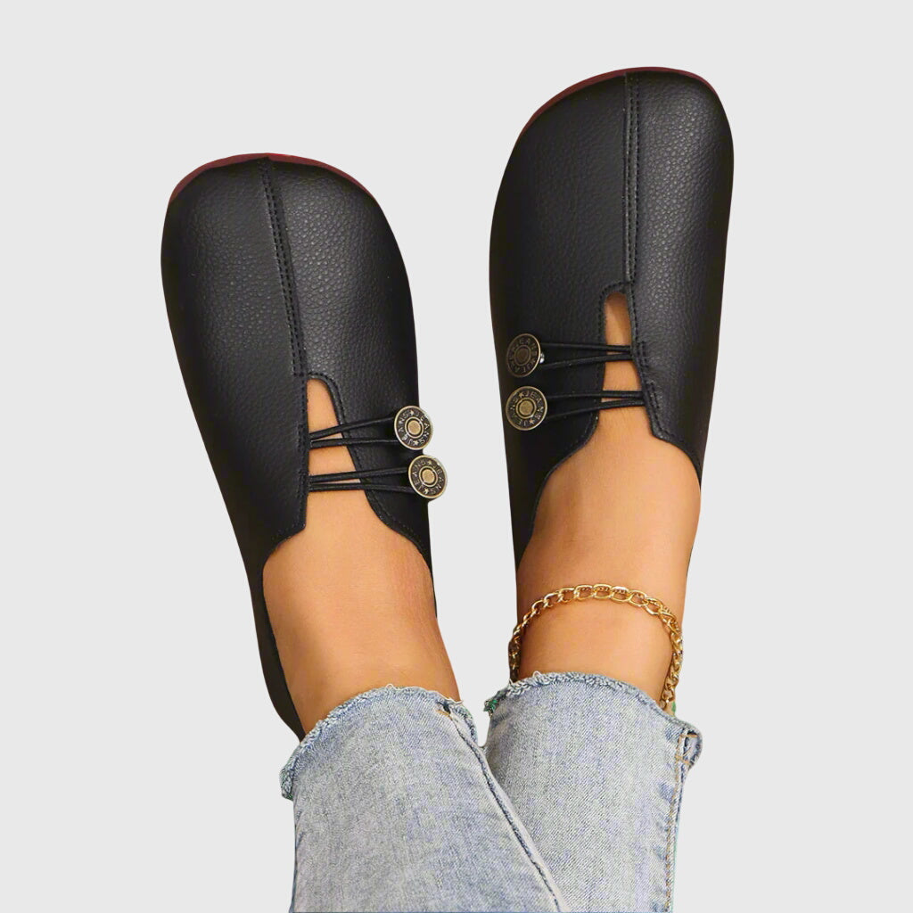Effortless Distressed Leather Flat Loafer for Women with V Cut Vamp Elastic Strap Button Detail Casual Style