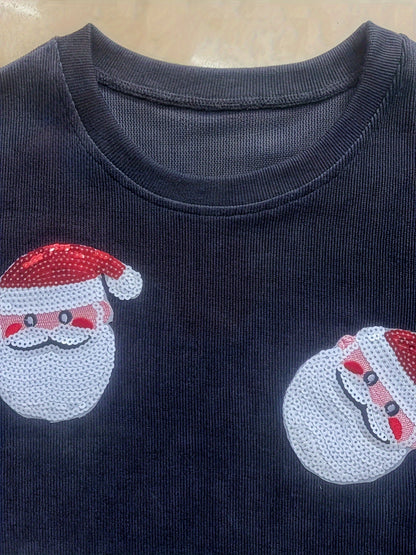 Easy Dark Gray Corduroy Christmas Sweater for Women with Crew Neck Long Sleeve Sequin Santa Relaxed Fit Knit Style