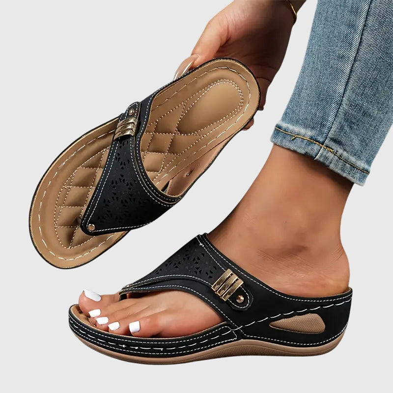 Comfortable Wedge Sandal for Women with Toe Post Buckle Strap Perforated Cushioned Style