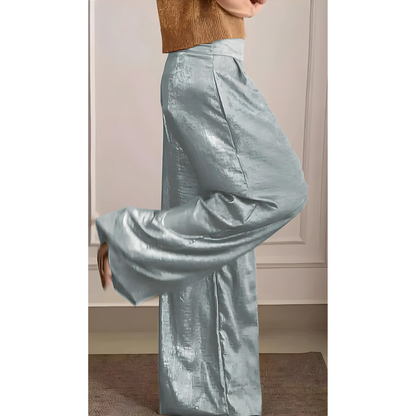 Elegant Wide Leg Pants Two Piece Set for Women with V Neck Short Sleeve Ribbed Knit Relaxed Style