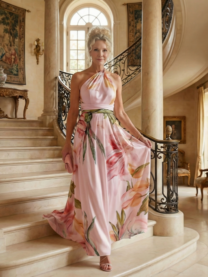 Elegant Floral Cocktail Dress for Women with One Shoulder Halter Sash Waist Flowing Maxi Style
