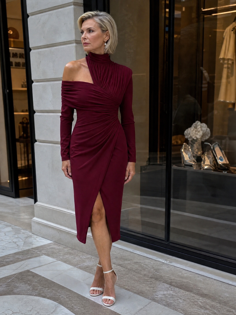 Elegant Draped Midi Dress for Women with High Neck Long Sleeve One Shoulder Ruched Formal Wedding Guest Style