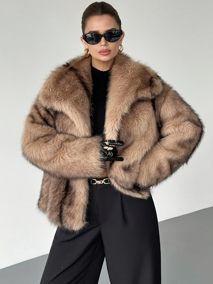 Women's Notch Collar Cropped Faux Fur Coat