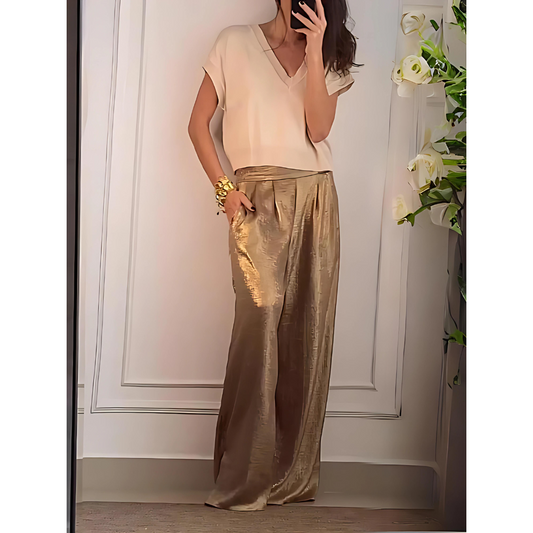 Elegant Wide Leg Pants Two Piece Set for Women with V Neck Short Sleeve Ribbed Knit Relaxed Style