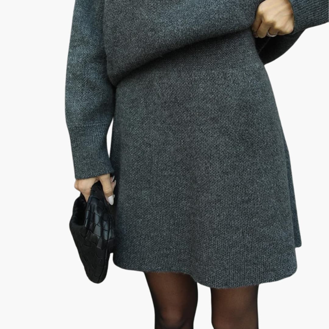 Stylish Black Knit Two Piece Set for Women with Round Neck Sweater High Waist Mini Skirt Loungewear Style