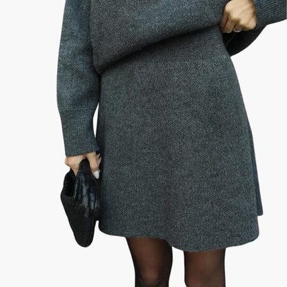Stylish Black Knit Two Piece Set for Women with Round Neck Sweater High Waist Mini Skirt Loungewear Style