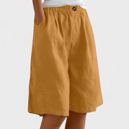 Effortless Linen Bermuda Shorts for Women with High Waist Elastic Button Wide Leg Casual Style