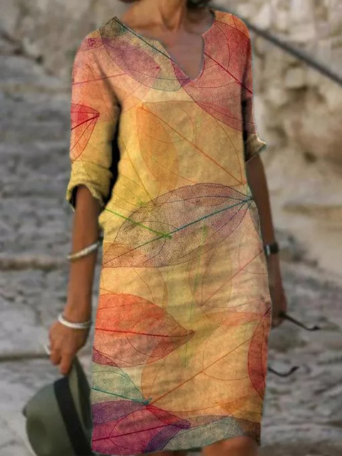 Elegant Yellow Leaf Print Midi Dress for Women with V Neck Long Sleeve Relaxed Flowing Style