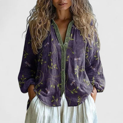 Effortless Floral Linen Blouse for Women with V Neck Long Sleeve Crochet Trim Boho Style