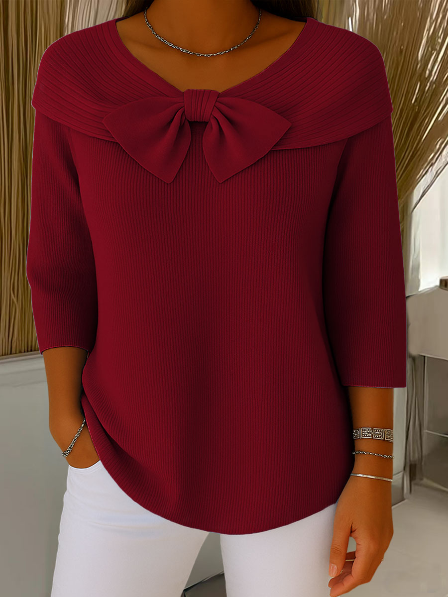Elegant Bow Collar Sweater for Women with V Neck Elbow Sleeve Ribbed Knit Relaxed Style