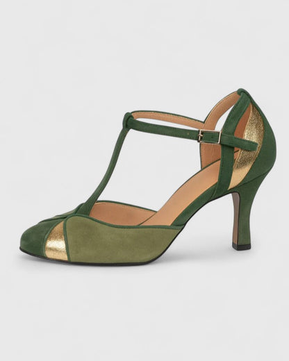 Elegant Green Suede T-Strap Heels for Women with Buckle Closure Gold Metallic Stiletto Style