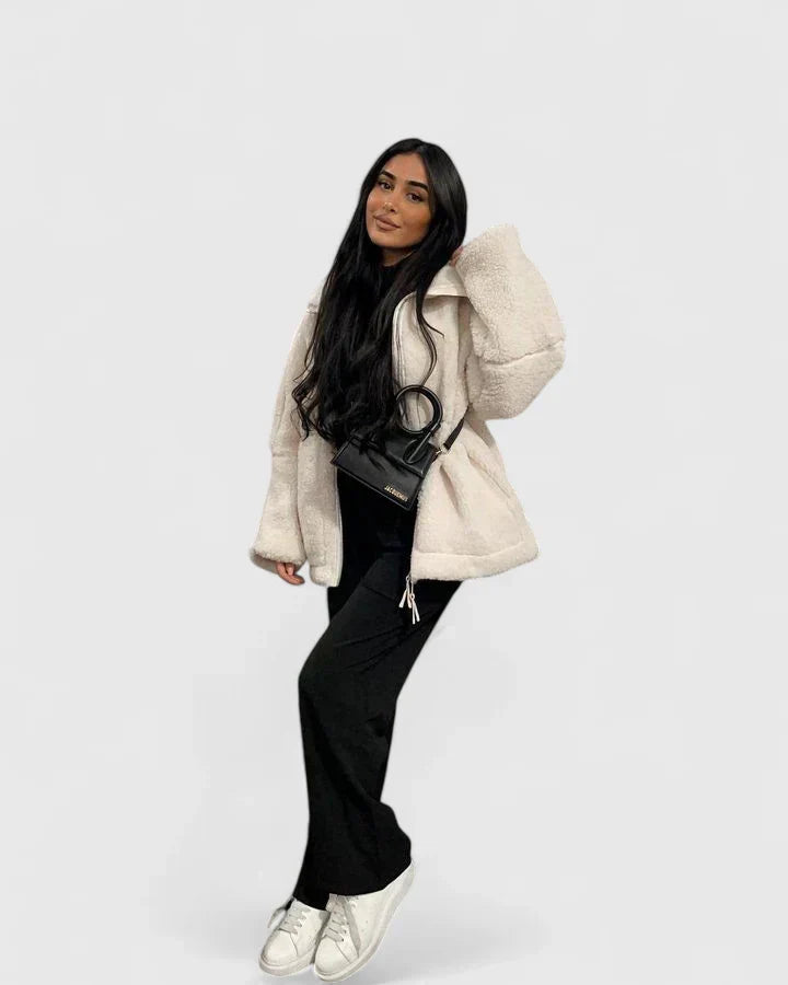 Comfortable Beige Sherpa Jacket for Women with High Neck Long Sleeve Oversized Relaxed Style