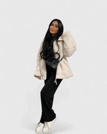 Comfortable Beige Sherpa Jacket for Women with High Neck Long Sleeve Oversized Relaxed Style