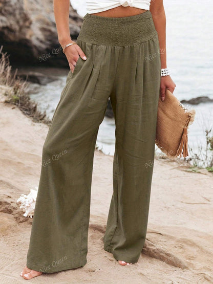 Effortless Linen Wide Leg Pants for Women with Smocked High Waist Pocket Casual Style
