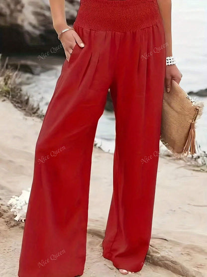Effortless Linen Wide Leg Pants for Women with Smocked High Waist Pocket Casual Style