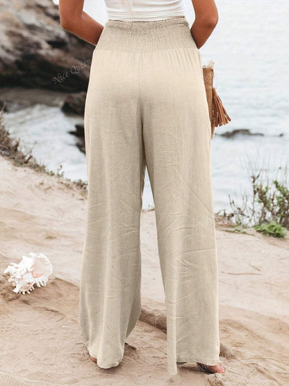 Effortless Linen Wide Leg Pants for Women with Smocked High Waist Pocket Casual Style
