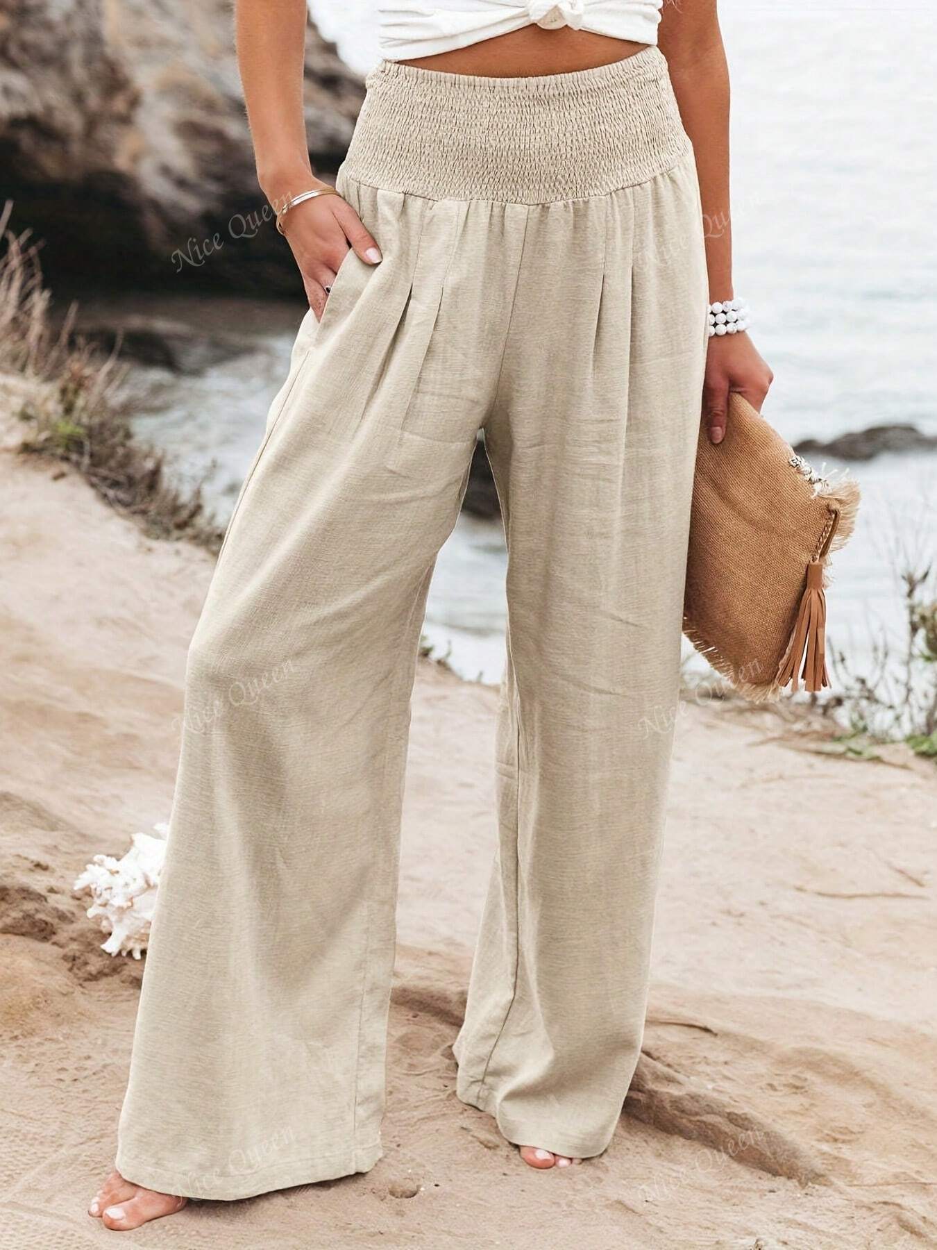 Effortless Linen Wide Leg Pants for Women with Smocked High Waist Pocket Casual Style