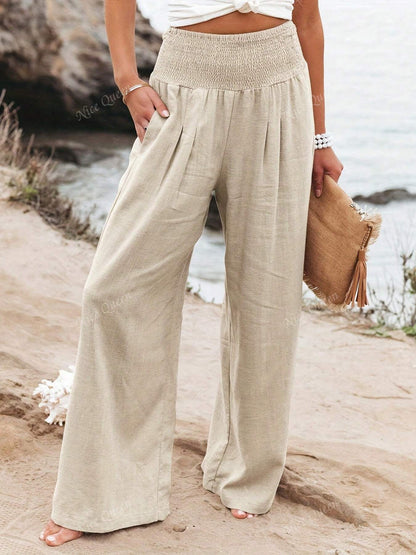 Effortless Linen Wide Leg Pants for Women with Smocked High Waist Pocket Casual Style