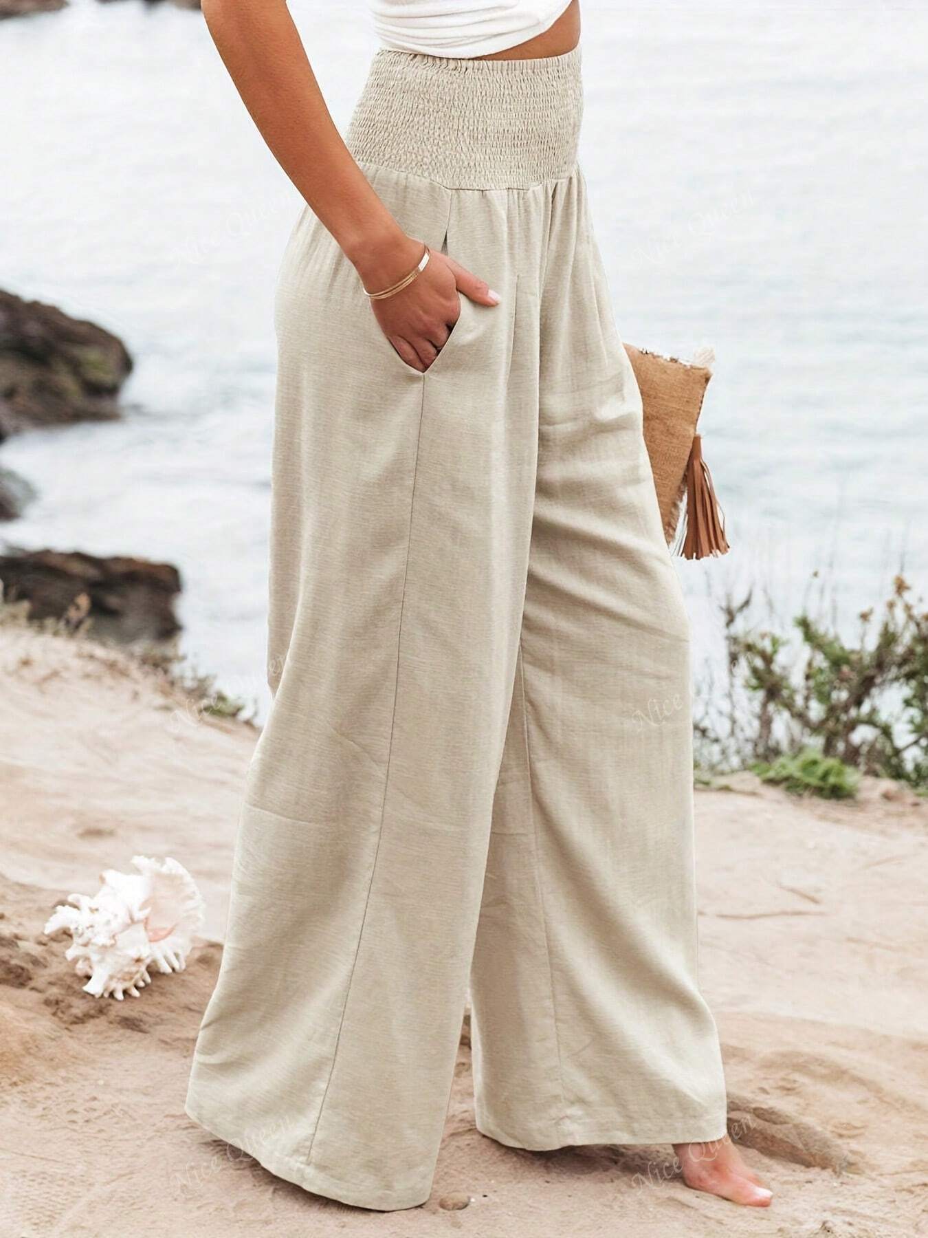 Effortless Linen Wide Leg Pants for Women with Smocked High Waist Pocket Casual Style