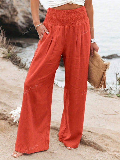 Effortless Linen Wide Leg Pants for Women with Smocked High Waist Pocket Casual Style