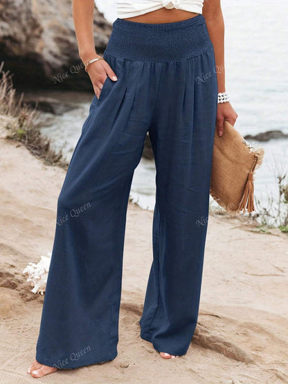 Effortless Linen Wide Leg Pants for Women with Smocked High Waist Pocket Casual Style