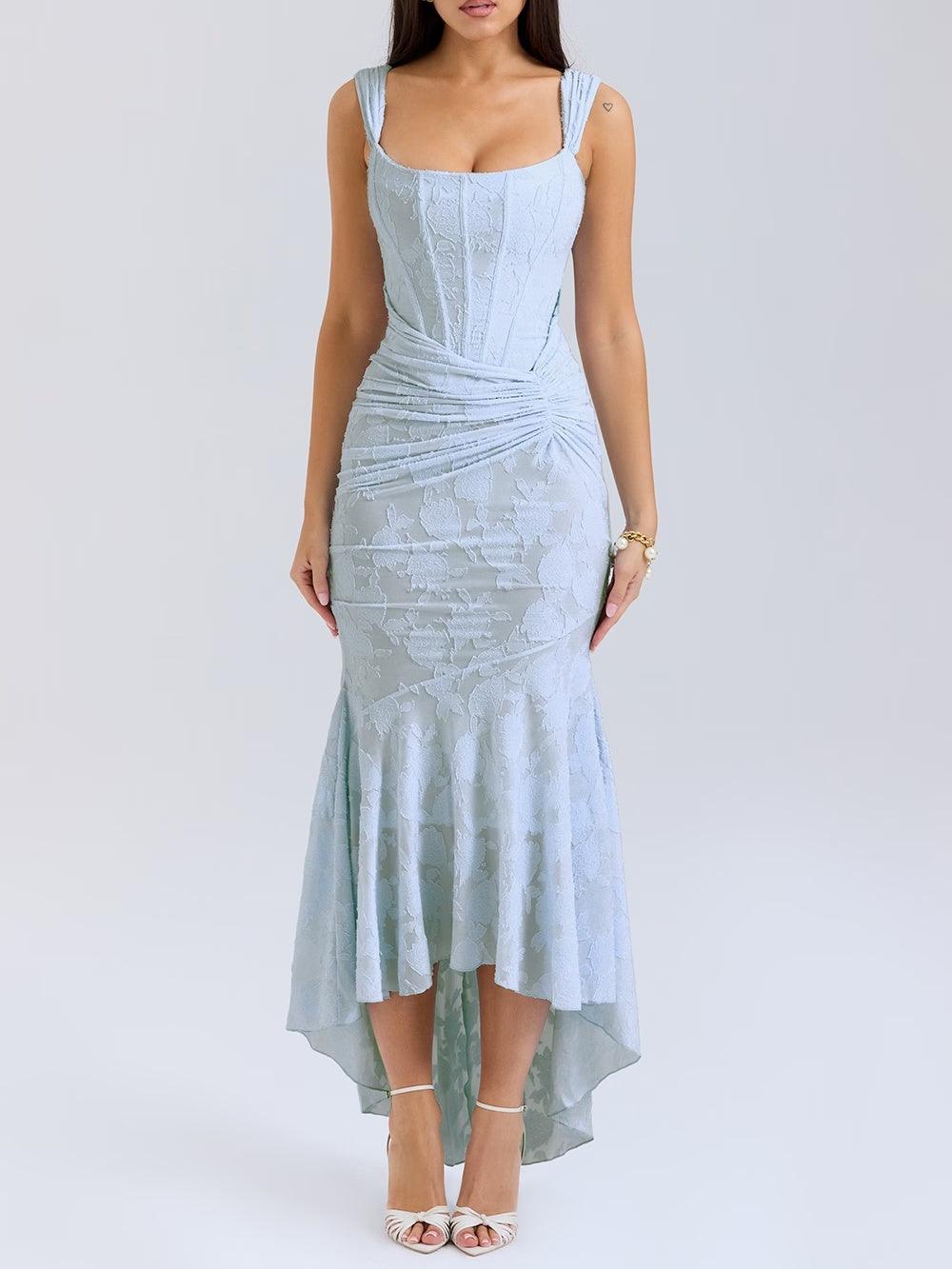 Elegant Floral Lace Mermaid Dress for Women with Square Neck Sleeveless Corset Ruched High Low Style