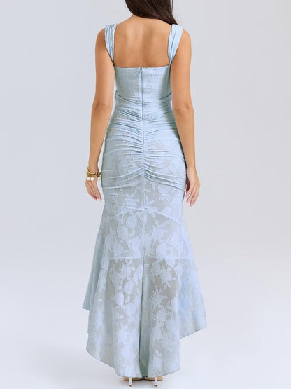 Elegant Floral Lace Mermaid Dress for Women with Square Neck Sleeveless Corset Ruched High Low Style