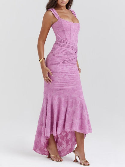 Elegant Floral Lace Mermaid Dress for Women with Square Neck Sleeveless Corset Ruched High Low Style