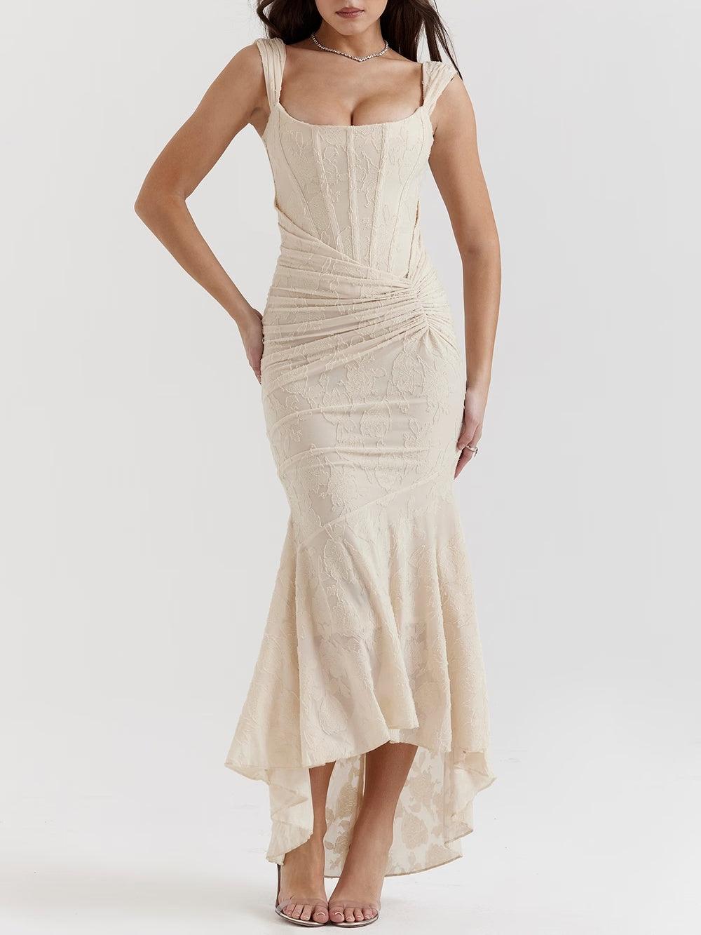 Elegant Floral Lace Mermaid Dress for Women with Square Neck Sleeveless Corset Ruched High Low Style