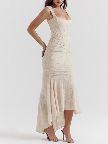 Elegant Floral Lace Mermaid Dress for Women with Square Neck Sleeveless Corset Ruched High Low Style