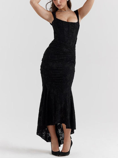 Elegant Floral Lace Mermaid Dress for Women with Square Neck Sleeveless Corset Ruched High Low Style