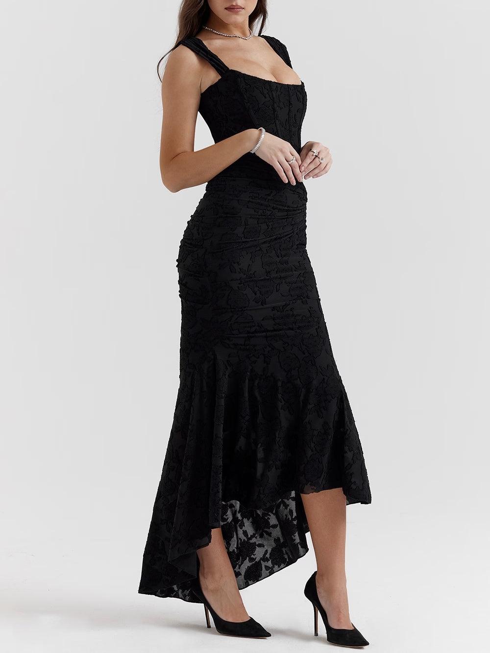Elegant Floral Lace Mermaid Dress for Women with Square Neck Sleeveless Corset Ruched High Low Style