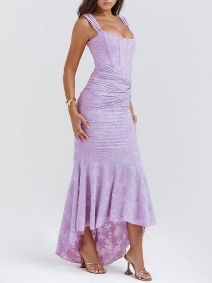 Elegant Floral Lace Mermaid Dress for Women with Square Neck Sleeveless Corset Ruched High Low Style
