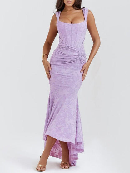 Elegant Floral Lace Mermaid Dress for Women with Square Neck Sleeveless Corset Ruched High Low Style