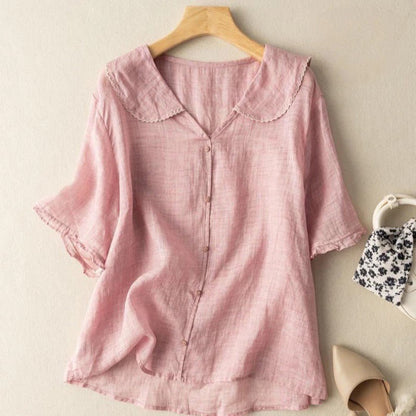 Effortless Linen Blouse for Women with Scalloped Collar Short Sleeve Button Front Casual Style