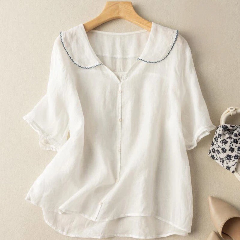Effortless Linen Blouse for Women with Scalloped Collar Short Sleeve Button Front Casual Style