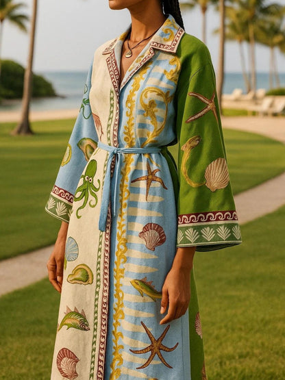 Elegant Blue Coastal Print Maxi Dress for Women with Notch Collar Long Sleeve Belted Kaftan Style