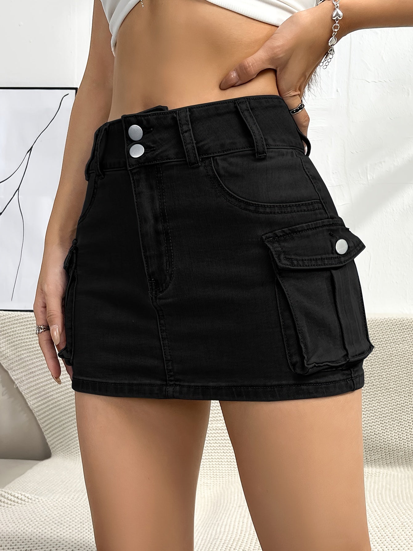 Effortless Denim Cargo Mini Skirt for Women with High Waist Button Front Pocket Detail Casual Style