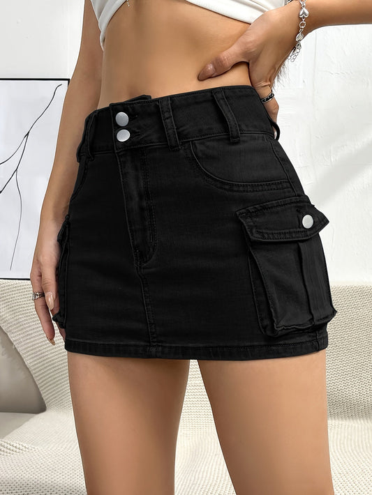 Effortless Denim Cargo Mini Skirt for Women with High Waist Button Front Pocket Detail Casual Style