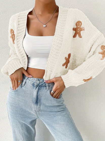 Warm Gingerbread Christmas Cardigan Sweater for Women with Open Front Long Sleeve Knit Festive Style