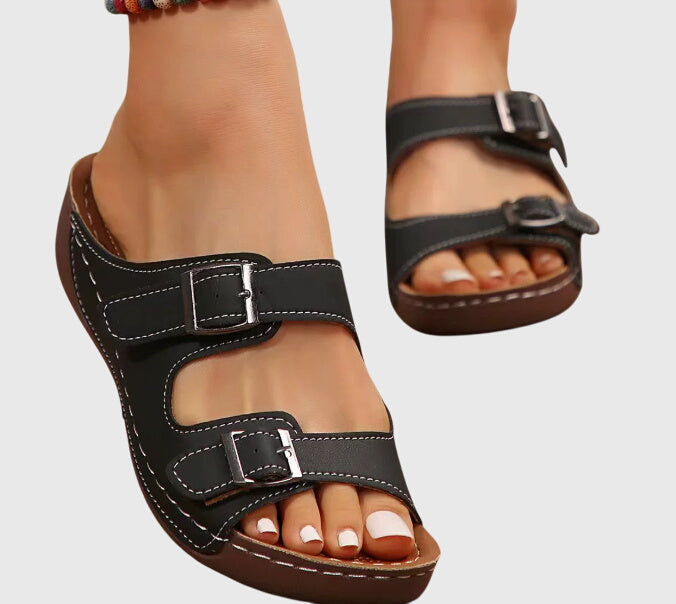 Effortless Leather Wedge Sandals for Women with Double Buckle Open Toe Cut Out Casual Style