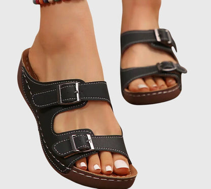 Effortless Leather Wedge Sandals for Women with Double Buckle Open Toe Cut Out Casual Style