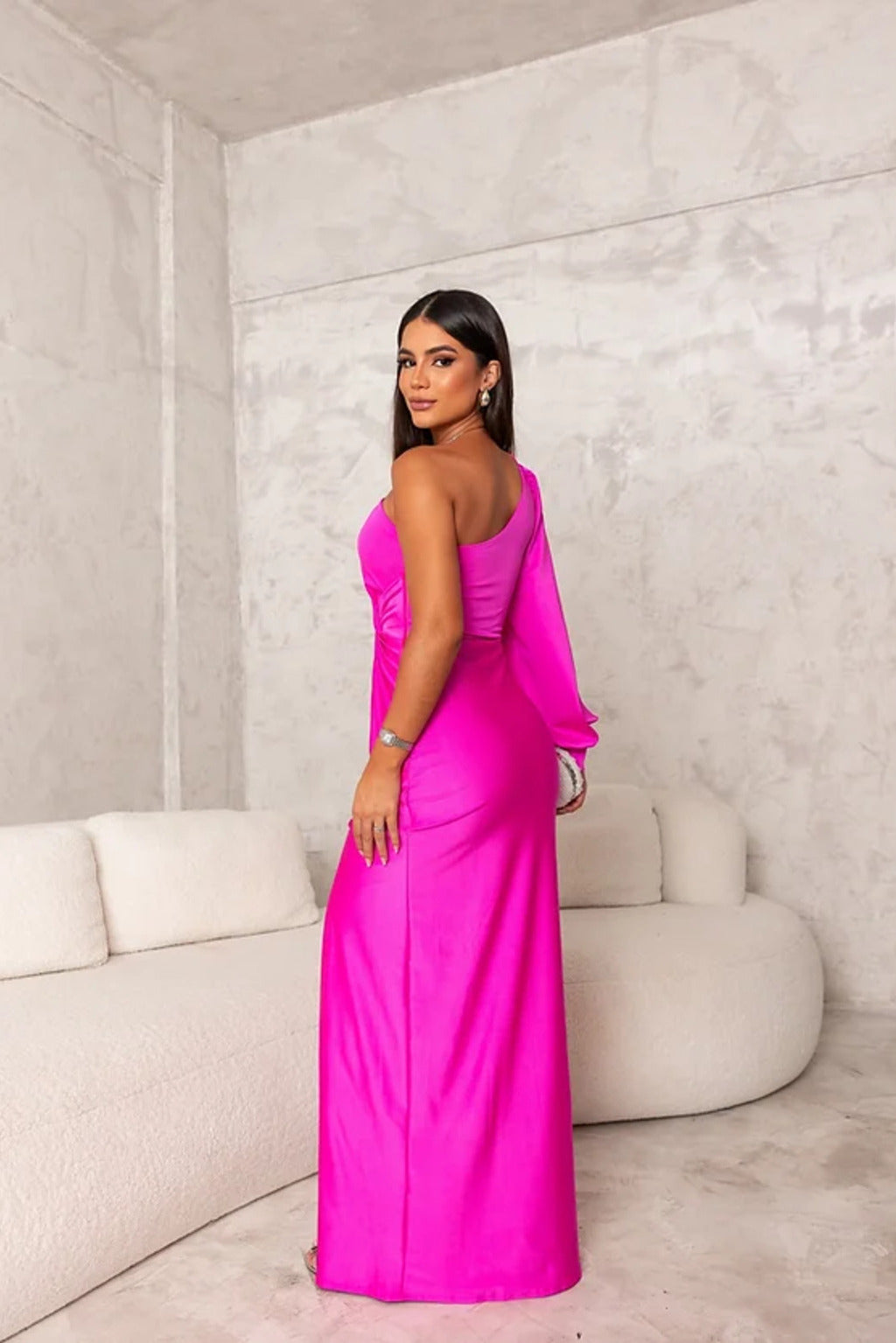 Elegant Satin Maxi Dress for Women with One Shoulder Long Sleeve Twist Knot High Slit Formal Style