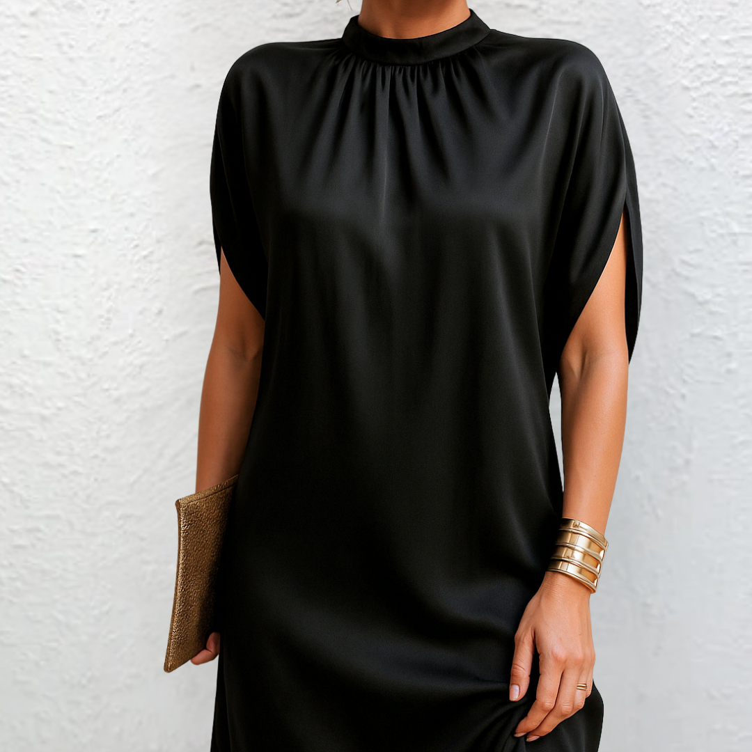 Elegant Black Satin Cocktail Dress for Women with Mock Neck Split Sleeve Tulip Hem Style