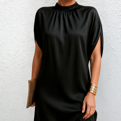 Elegant Black Satin Cocktail Dress for Women with Mock Neck Split Sleeve Tulip Hem Style