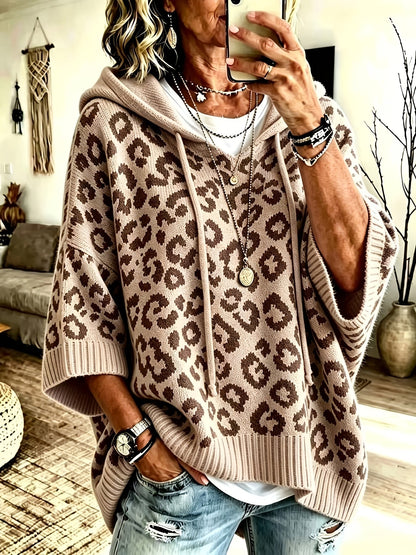 Easy Leopard Print Oversized Hoodie for Women with Hooded Neck Batwing Sleeve Drawstring Knit Style